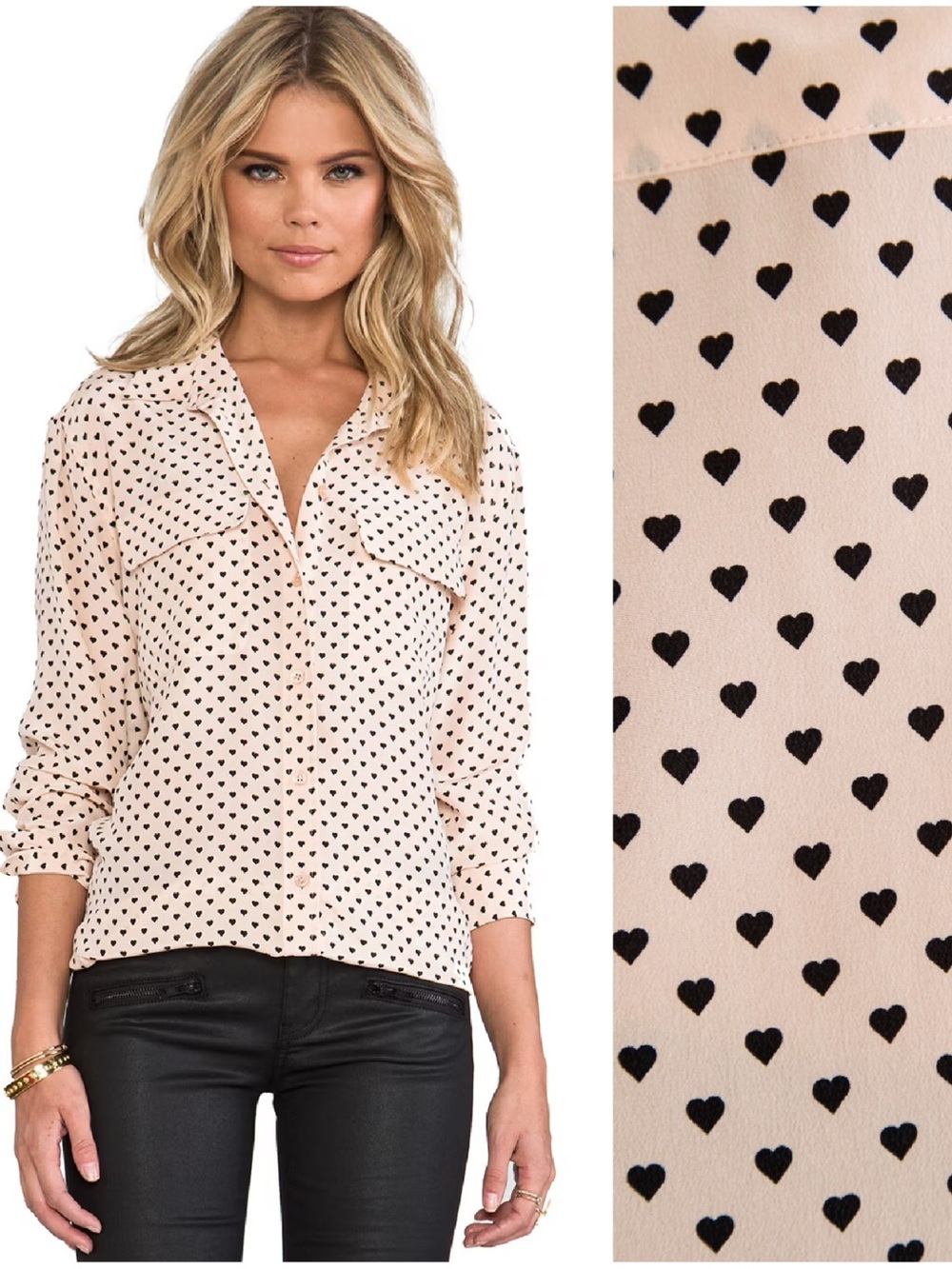 Equipment Silk‎ Signature Angelica Hearts Blouse Nude Neutral XS Novelty Print